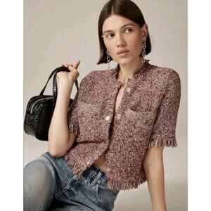 J. Crew Cropped Fringe-trim Lady Jacket In Marled Yarn Red Size M